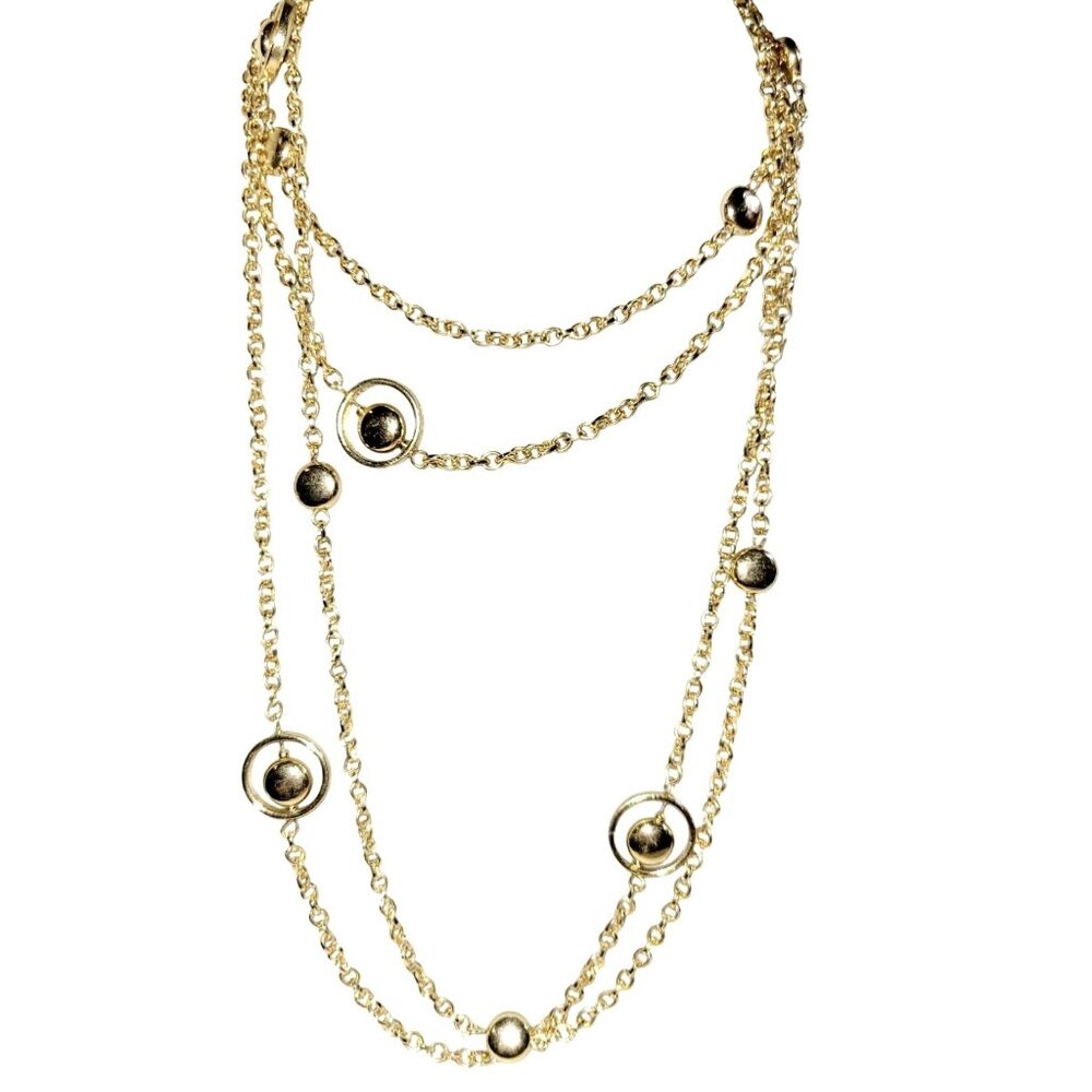 Vintage 39" Gold Tone Chain Necklace With Balls Inside Circles & Orbiting Balls